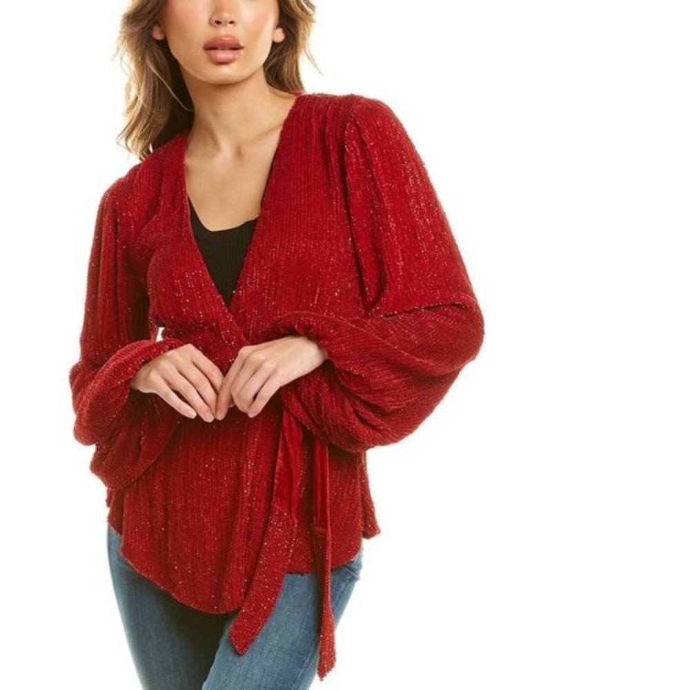 RETROFÊTE Women's Scarlet Red Sequin Wrap Bette Top